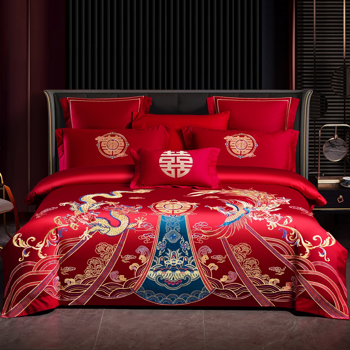 91家纺网 家纺一手货源 找家纺 置顶家纺 2025新款新中式婚庆亲肤刺绣四件套 盛世龙凤-大红