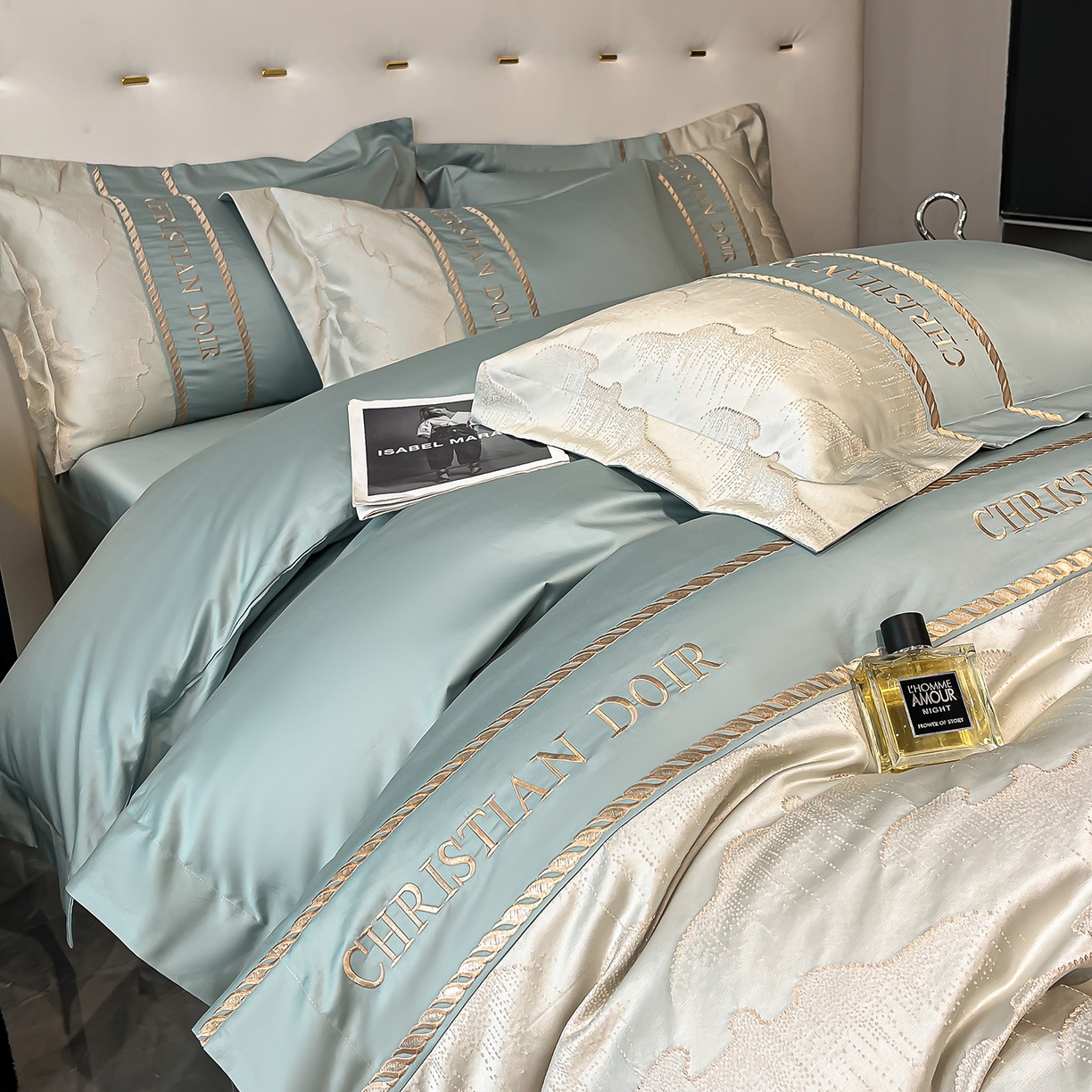 91家纺网 家纺一手货源 找家纺 置顶家纺 2025新款亲肤提花拼接刺绣四件套系列 璞云-繁星蓝