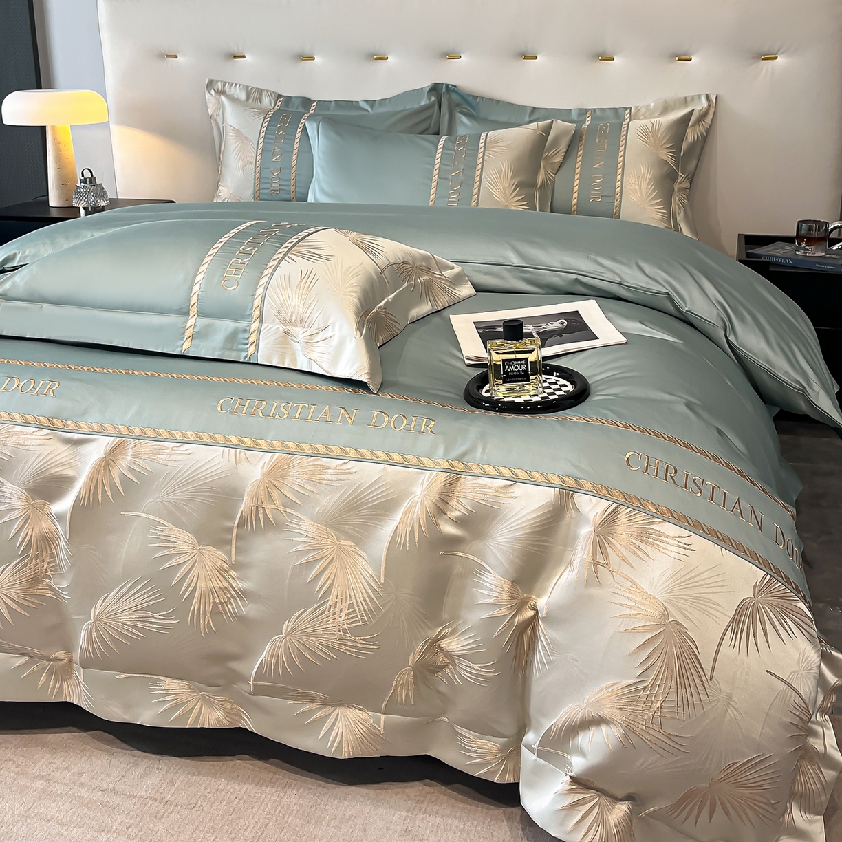 91家纺网 家纺一手货源 找家纺 置顶家纺 2025新款亲肤提花拼接刺绣四件套系列 颜予-繁星蓝