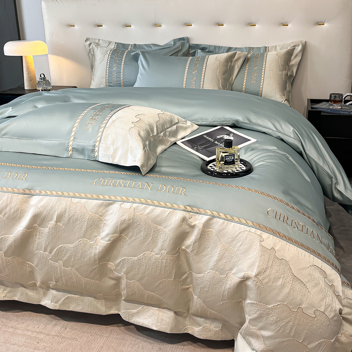 91家纺网 家纺一手货源 找家纺 置顶家纺 2025新款亲肤提花拼接刺绣四件套系列 璞云-繁星蓝