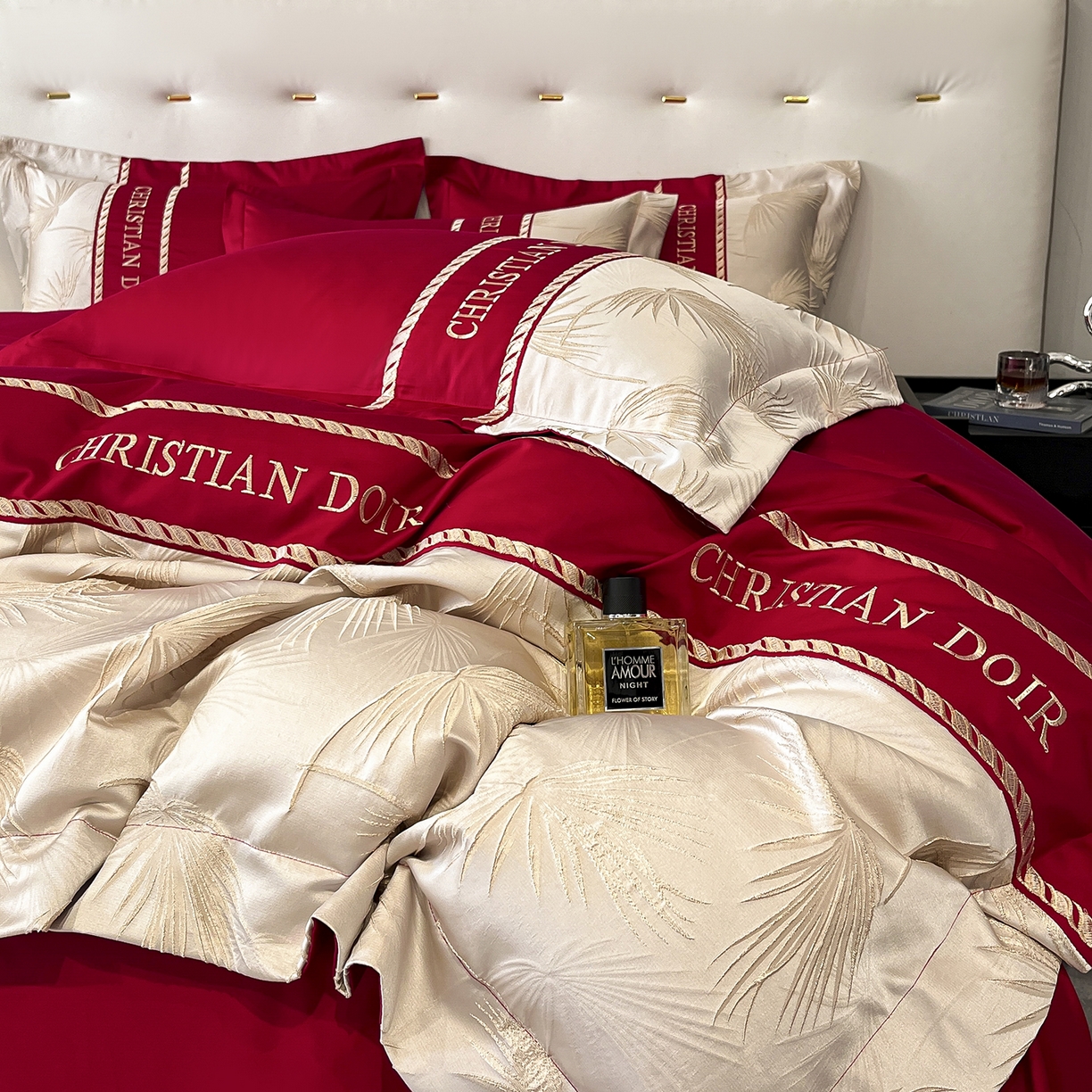 91家纺网 家纺一手货源 找家纺 置顶家纺 2025新款亲肤提花拼接刺绣四件套系列 颜予-大红