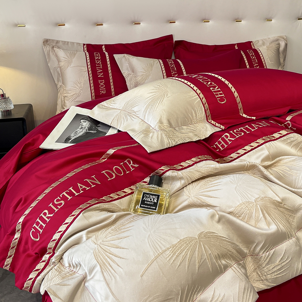 91家纺网 家纺一手货源 找家纺 置顶家纺 2025新款亲肤提花拼接刺绣四件套系列 颜予-大红