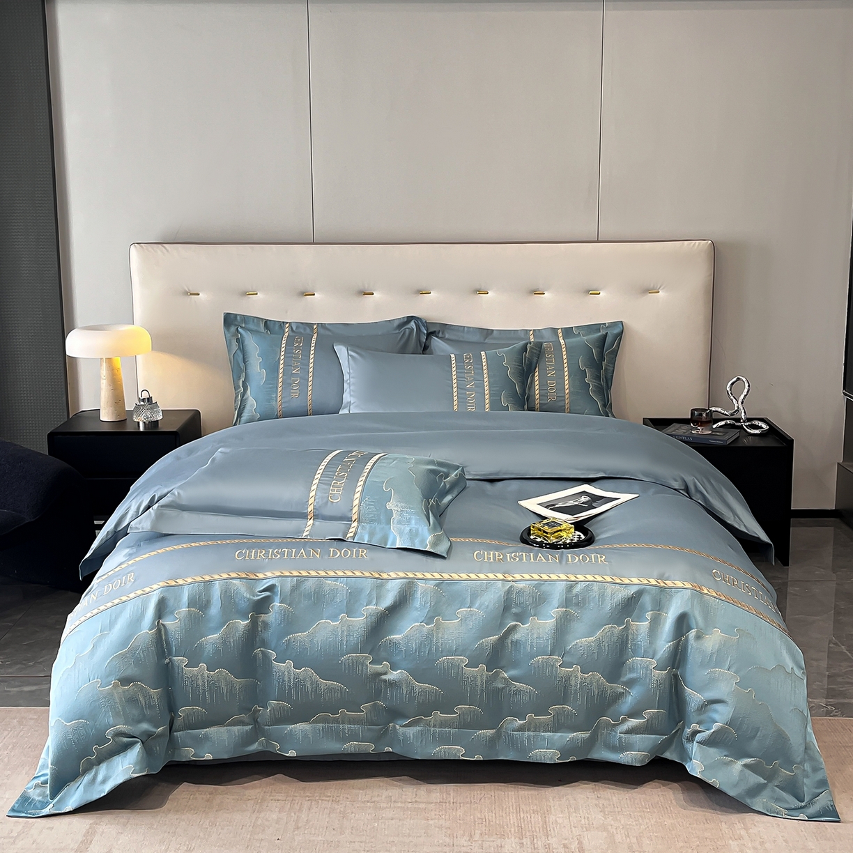 置顶家纺 2025新款亲肤提花拼接刺绣四件套系列 璞云-宾利蓝