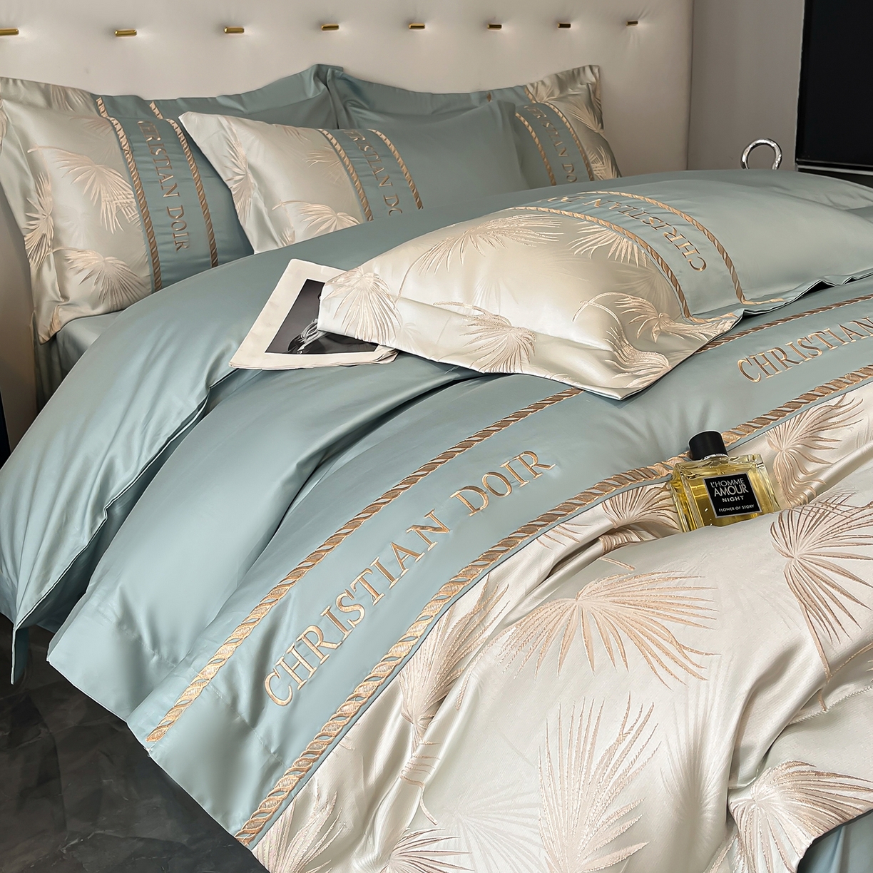 91家纺网 家纺一手货源 找家纺 置顶家纺 2025新款亲肤提花拼接刺绣四件套系列 颜予-繁星蓝