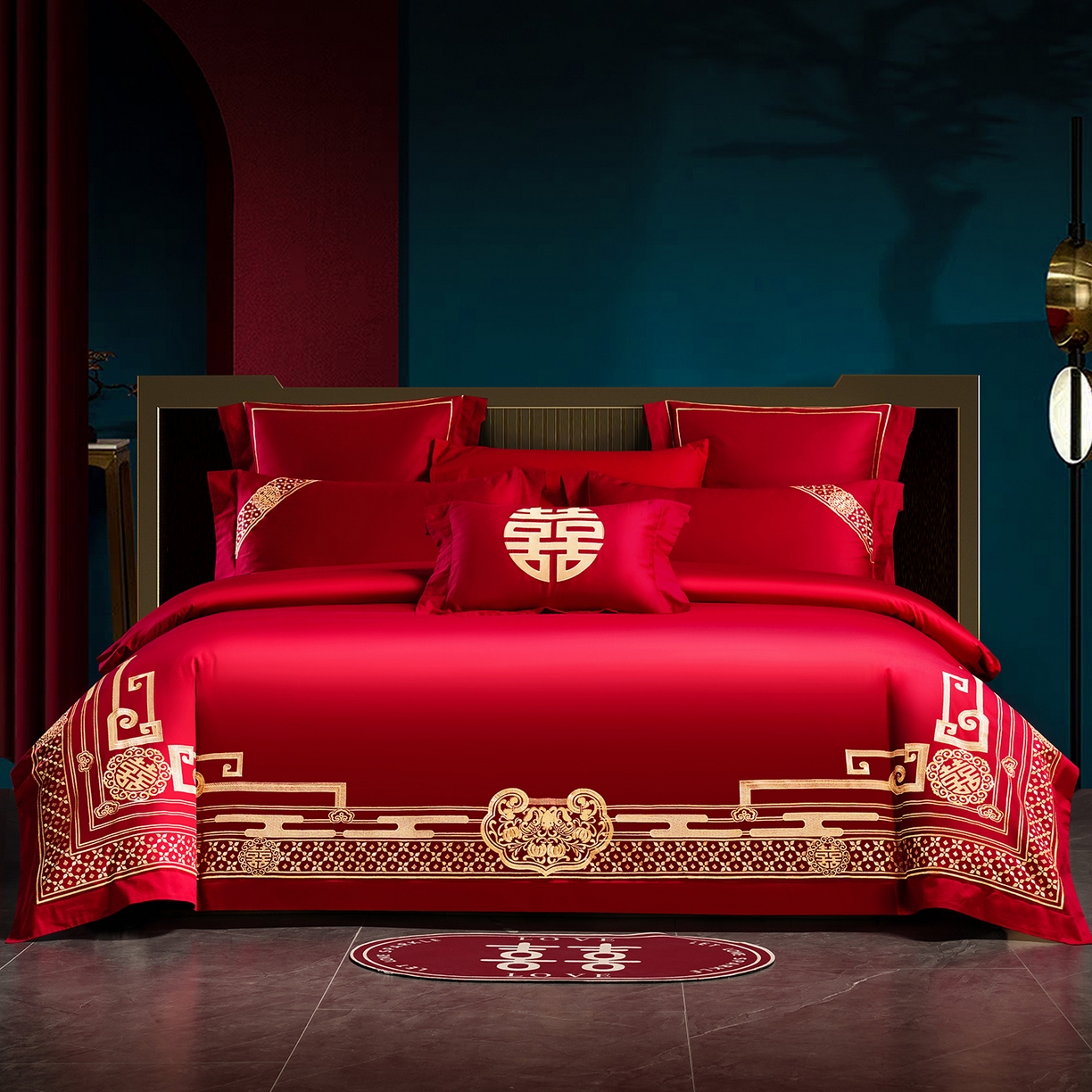 91家纺网 家纺一手货源 找家纺 置顶家纺 2025新款新中式婚庆亲肤刺绣四件套 禧结良缘-大红