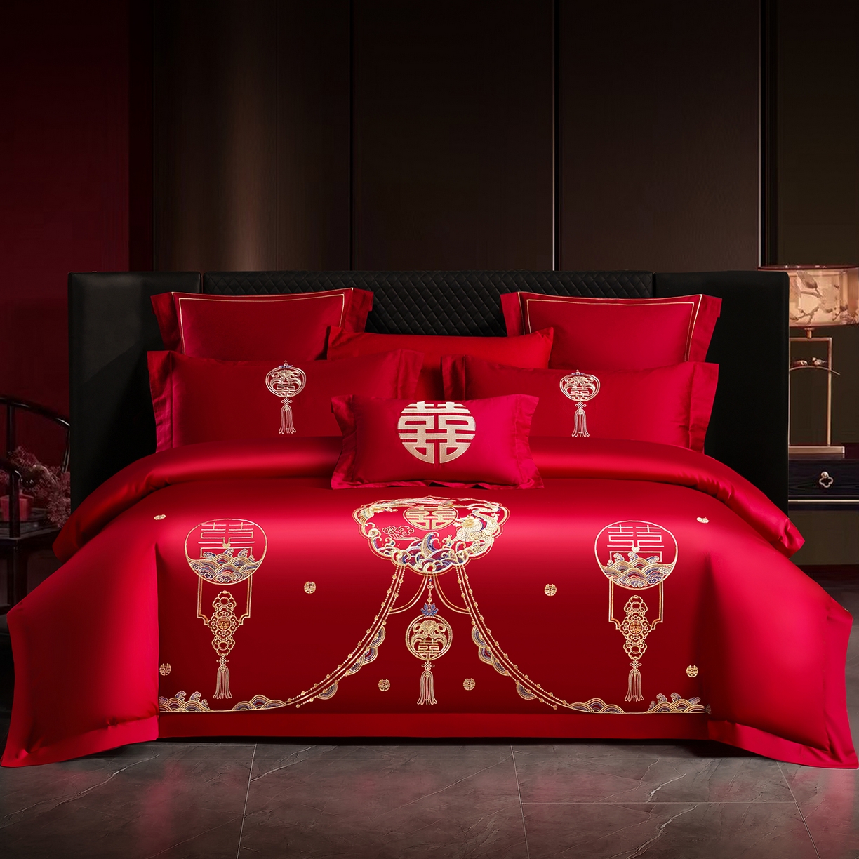 91家纺网 家纺一手货源 找家纺 置顶家纺 2025新款新中式婚庆亲肤刺绣四件套 招财龙凤-大红