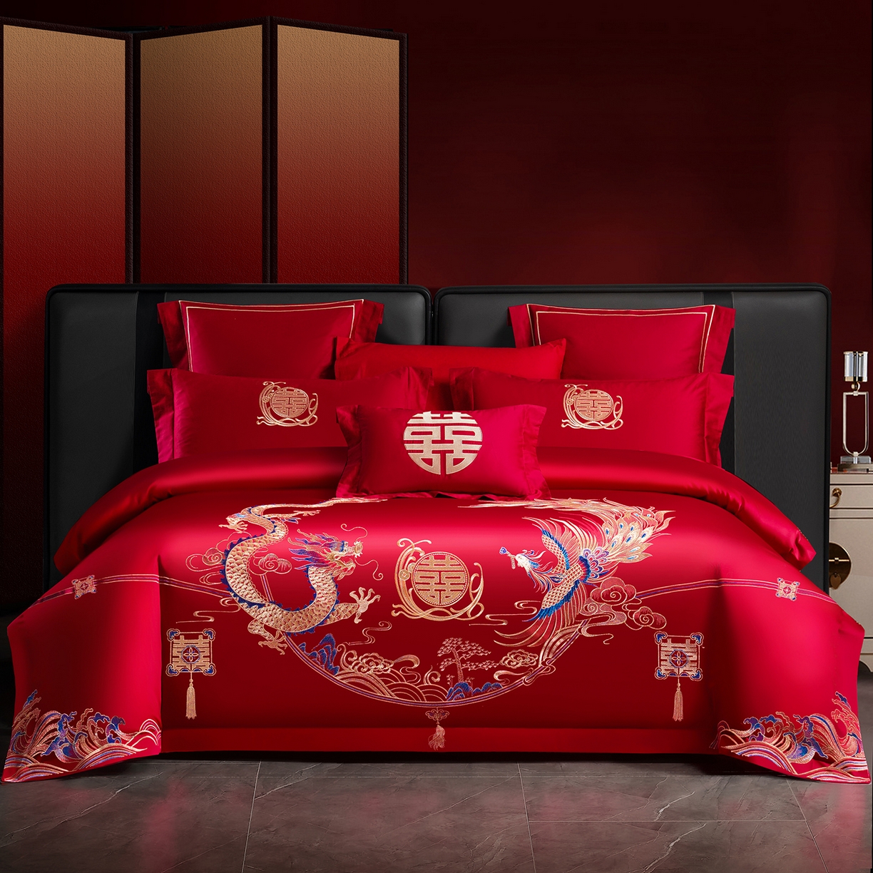 91家纺网 家纺一手货源 找家纺 置顶家纺 2025新款新中式婚庆亲肤刺绣四件套 至尊龙凤-大红