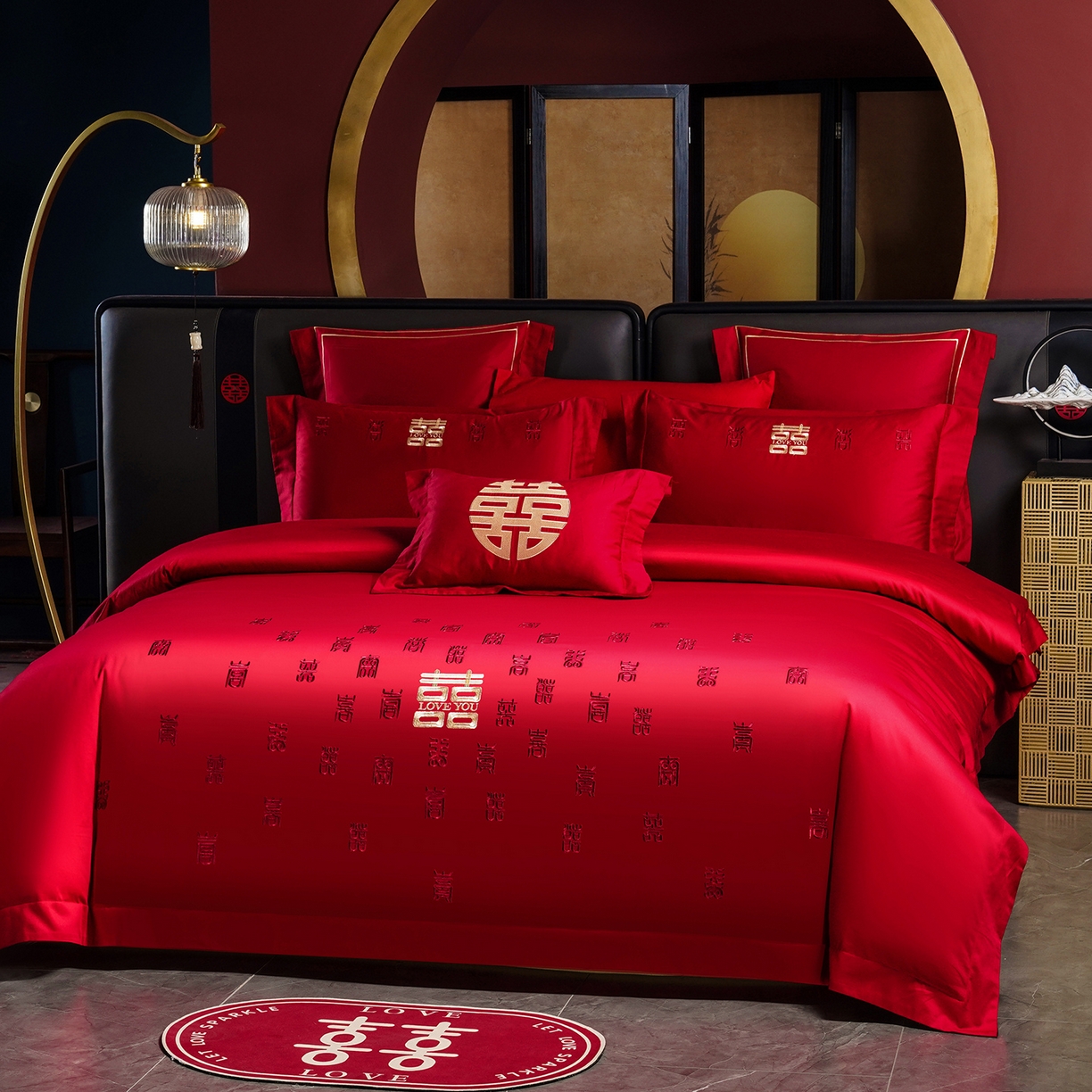 91家纺网 家纺一手货源 找家纺 置顶家纺 2025新款新中式婚庆亲肤刺绣四件套 百囍图-大红