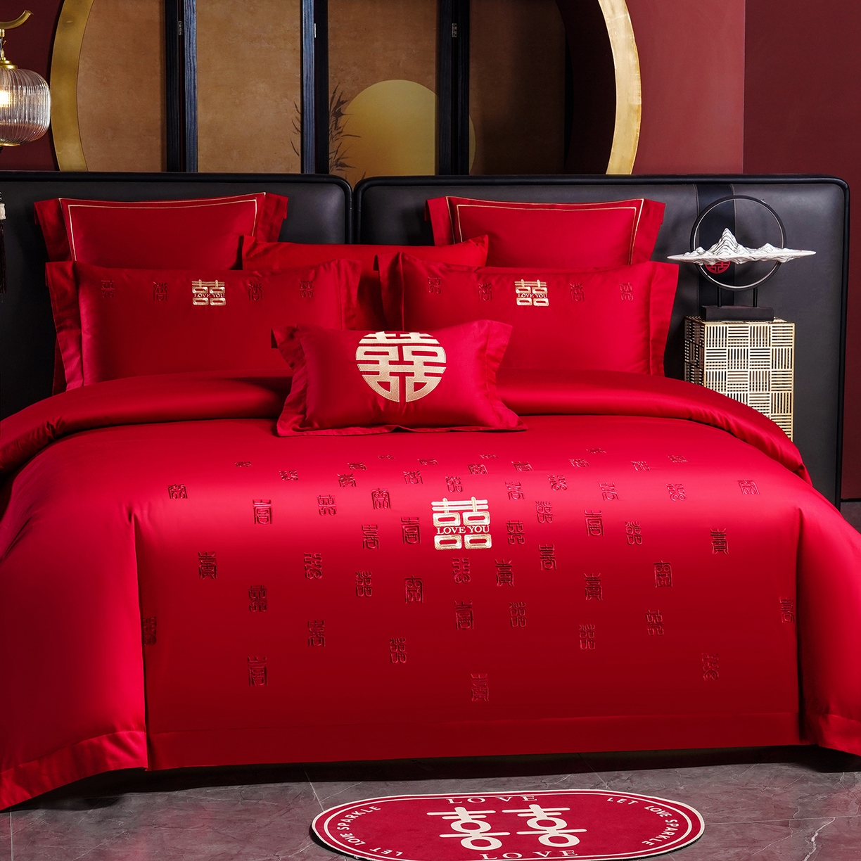 91家纺网 家纺一手货源 找家纺 置顶家纺 2025新款新中式婚庆亲肤刺绣四件套 百囍图-大红