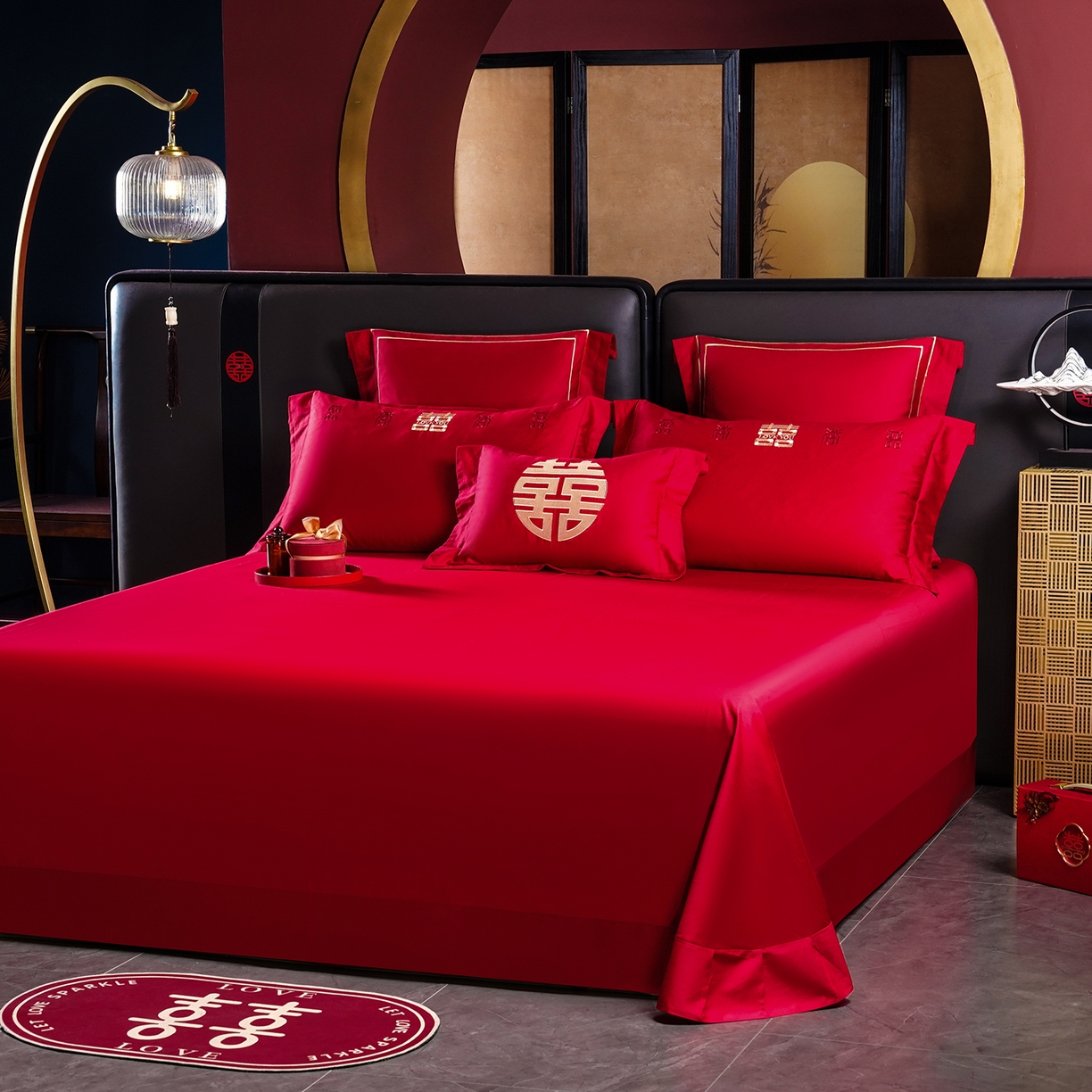 91家纺网 家纺一手货源 找家纺 置顶家纺 2025新款新中式婚庆亲肤刺绣四件套 百囍图-大红