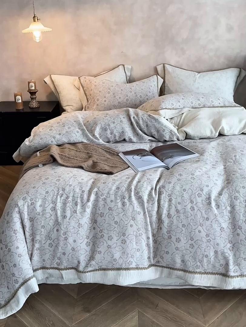 91家纺网 家纺一手货源 找家纺 涞澳家纺 2025新款棉麻皱皱纱四件套 冬季物语