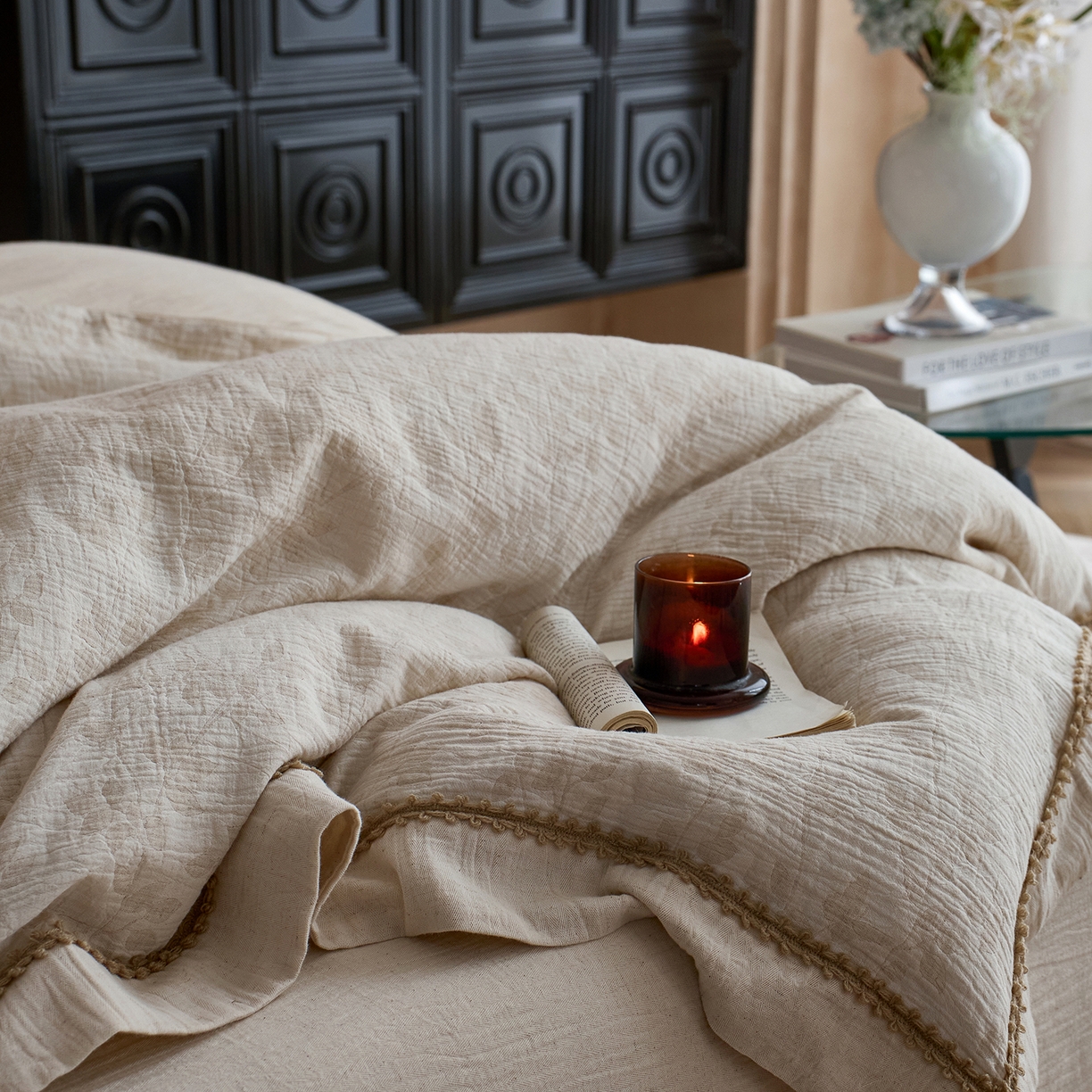 91家纺网 家纺一手货源 找家纺 涞澳家纺 2025新款棉麻皱皱纱四件套 叶蝶共舞-本色