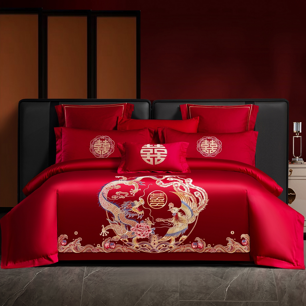 置顶家纺 2025新款新中式婚庆亲肤刺绣四件套 缔结良缘-大红