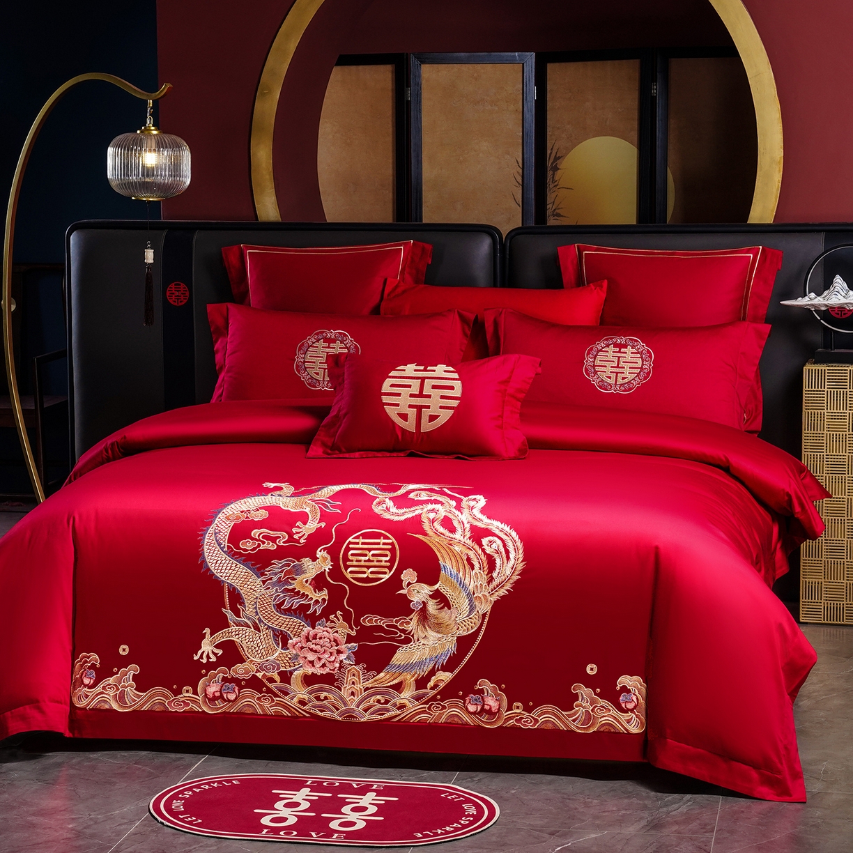 91家纺网 家纺一手货源 找家纺 置顶家纺 2025新款新中式婚庆亲肤刺绣四件套 缔结良缘-大红