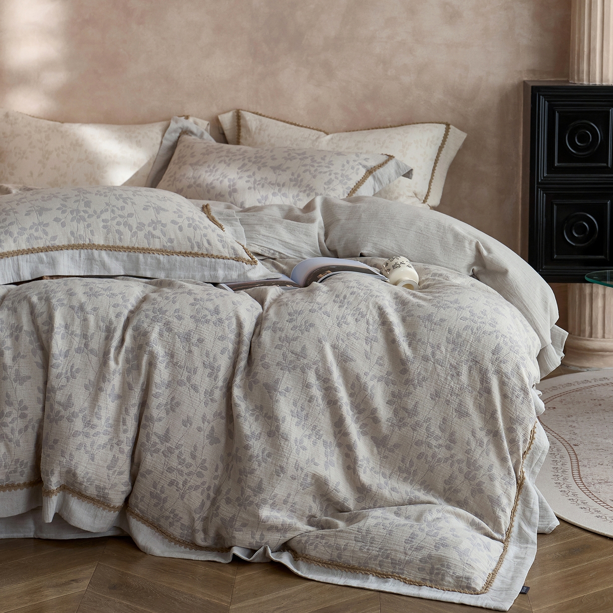 涞澳家纺 2025新款棉麻皱皱纱四件套 叶蝶共舞-蓝