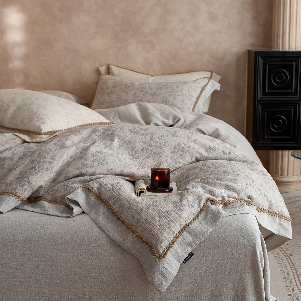 91家纺网 家纺一手货源 找家纺 涞澳家纺 2025新款棉麻皱皱纱四件套 叶蝶共舞-蓝