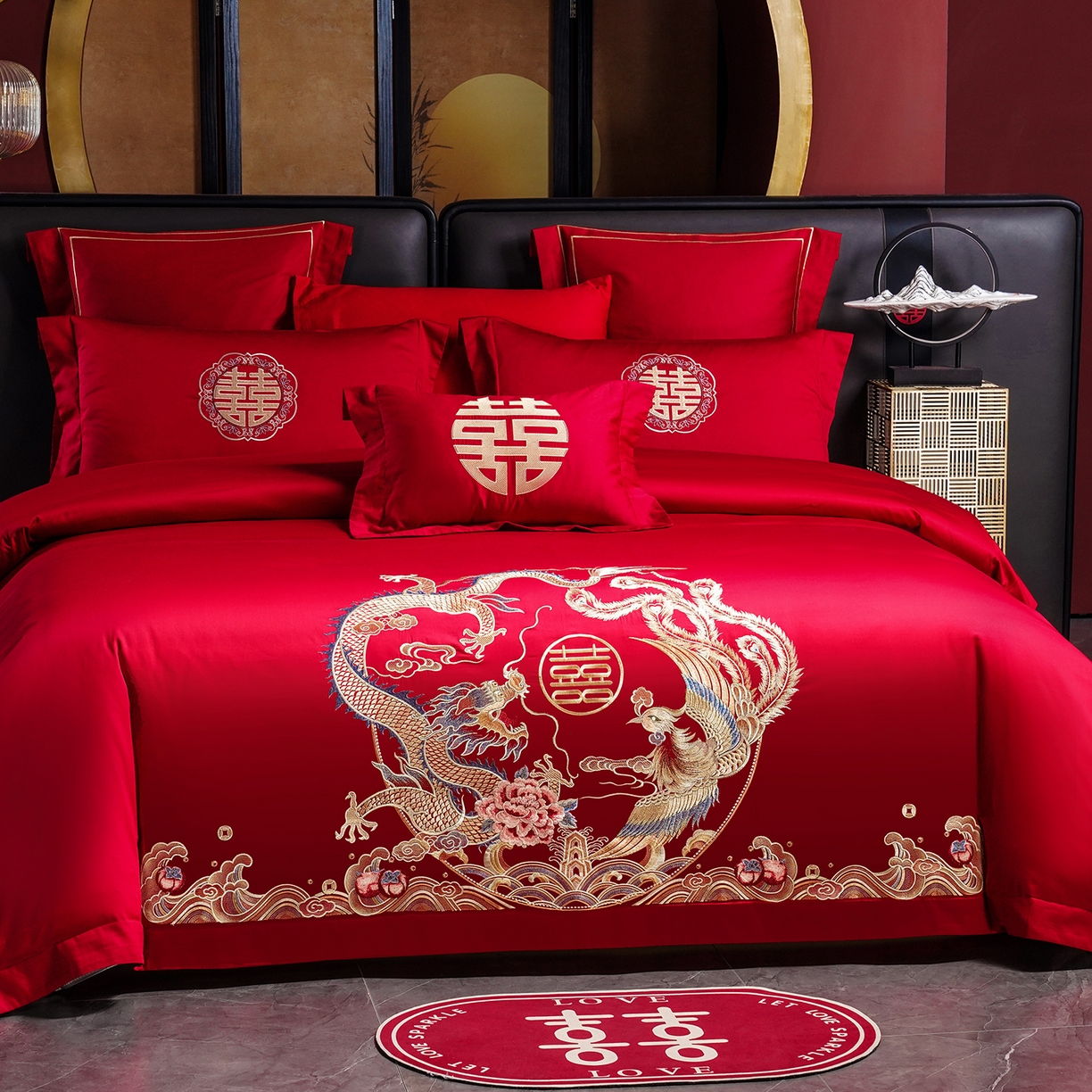 91家纺网 家纺一手货源 找家纺 置顶家纺 2025新款新中式婚庆亲肤刺绣四件套 缔结良缘-大红