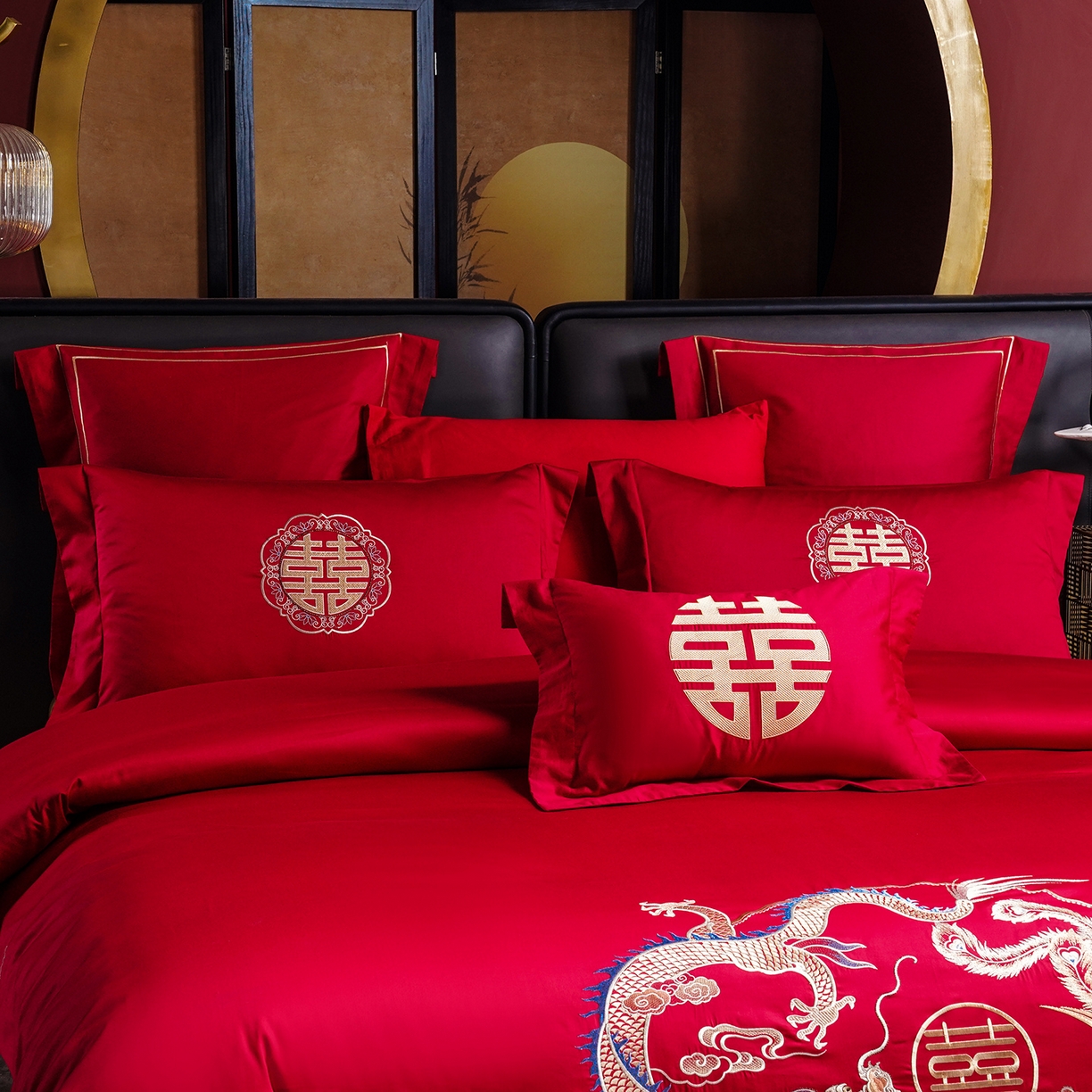 91家纺网 家纺一手货源 找家纺 置顶家纺 2025新款新中式婚庆亲肤刺绣四件套 缔结良缘-大红