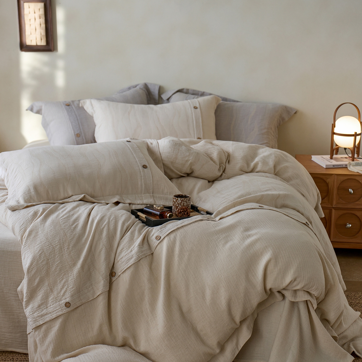 91家纺网 家纺一手货源 找家纺 涞澳家纺 2025新款棉麻皱皱纱四件套 萨尔斯-白