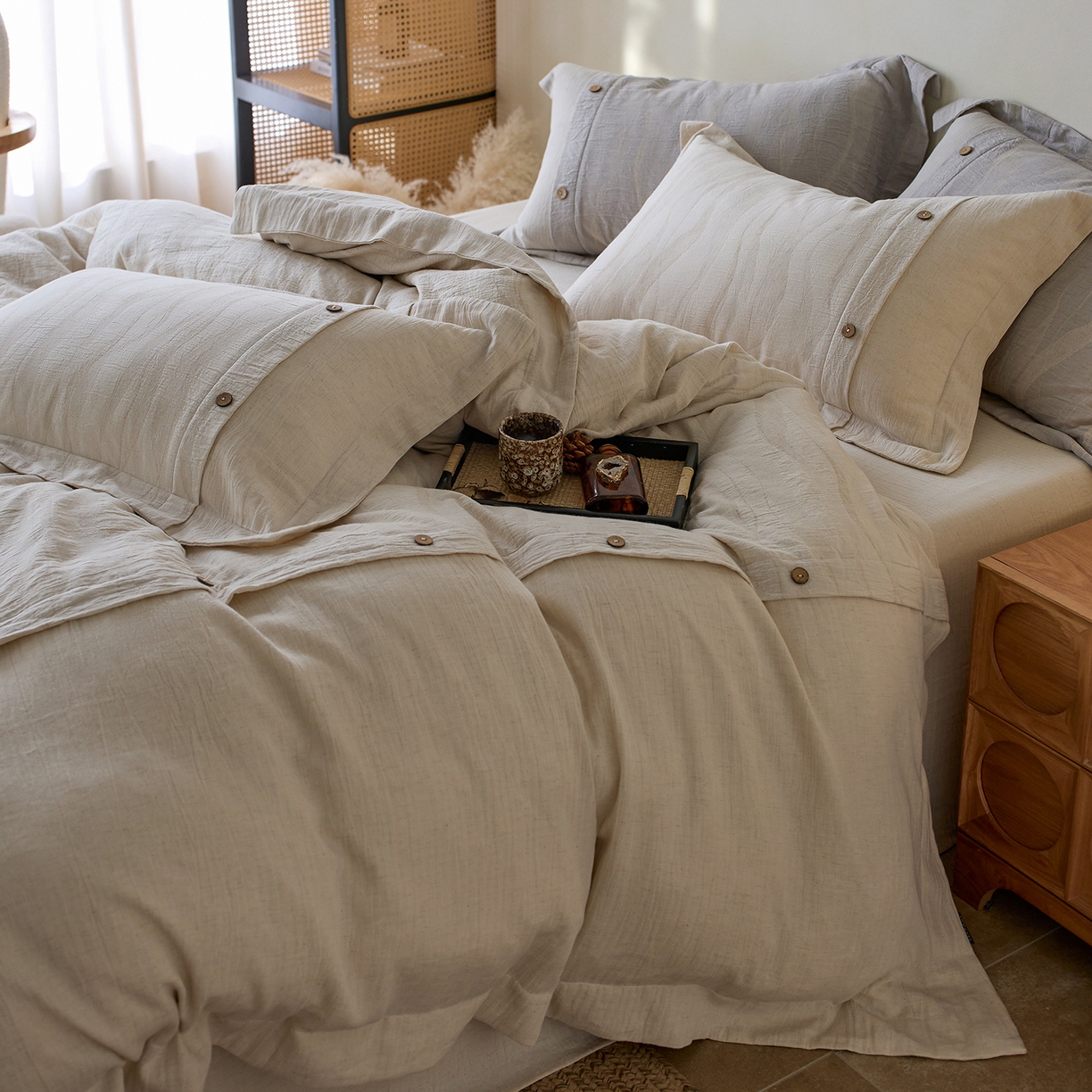 91家纺网 家纺一手货源 找家纺 涞澳家纺 2025新款棉麻皱皱纱四件套 萨尔斯-白