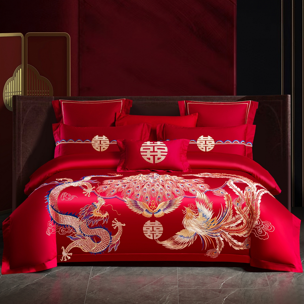 置顶家纺 2025新款新中式婚庆亲肤刺绣四件套 凤冠霞帔-大红