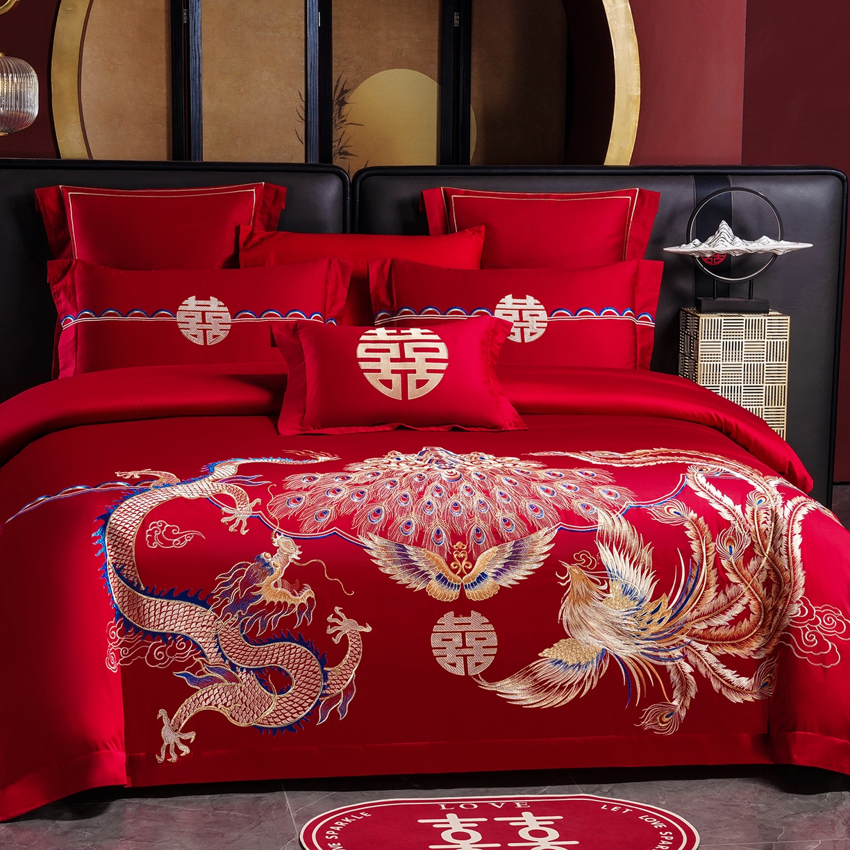 91家纺网 家纺一手货源 找家纺 置顶家纺 2025新款新中式婚庆亲肤刺绣四件套 凤冠霞帔-大红