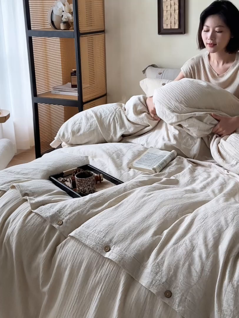 91家纺网 家纺一手货源 找家纺 涞澳家纺 2025新款棉麻皱皱纱四件套 萨尔斯-白