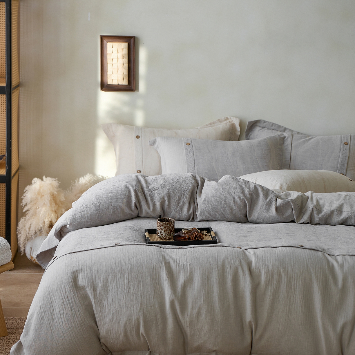 91家纺网 家纺一手货源 找家纺 涞澳家纺 2025新款棉麻皱皱纱四件套 萨尔斯-蓝灰