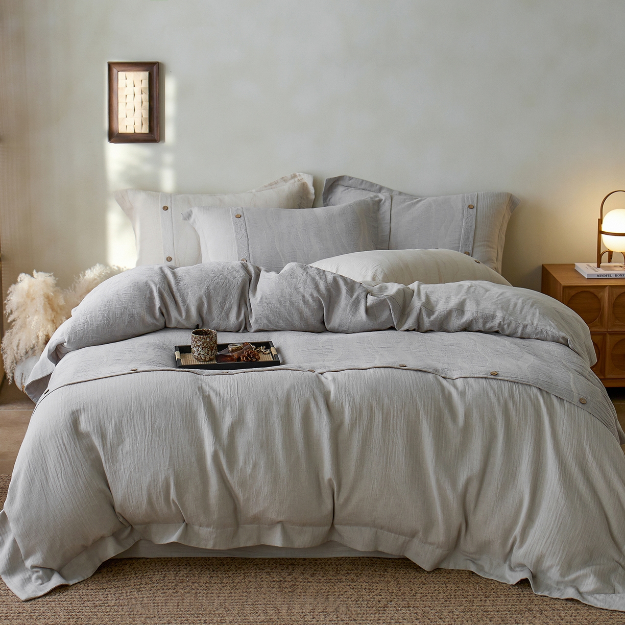 91家纺网 家纺一手货源 找家纺 涞澳家纺 2025新款棉麻皱皱纱四件套 萨尔斯-蓝灰