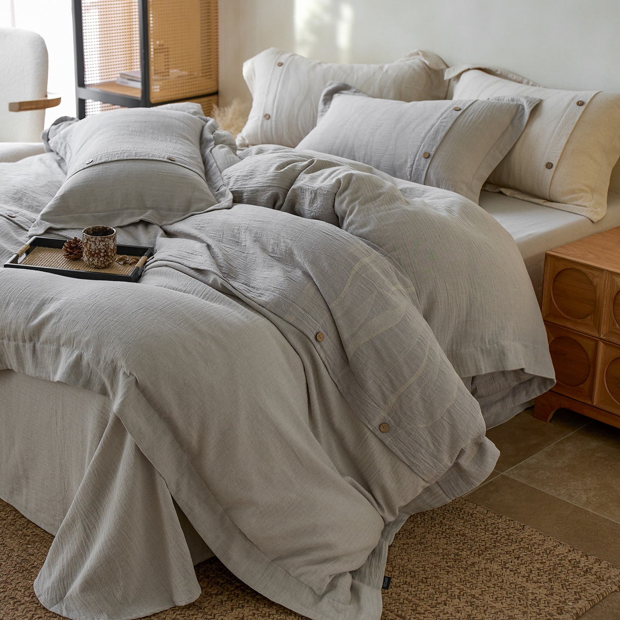  涞澳家纺 2025新款棉麻皱皱纱四件套 萨尔斯-蓝灰