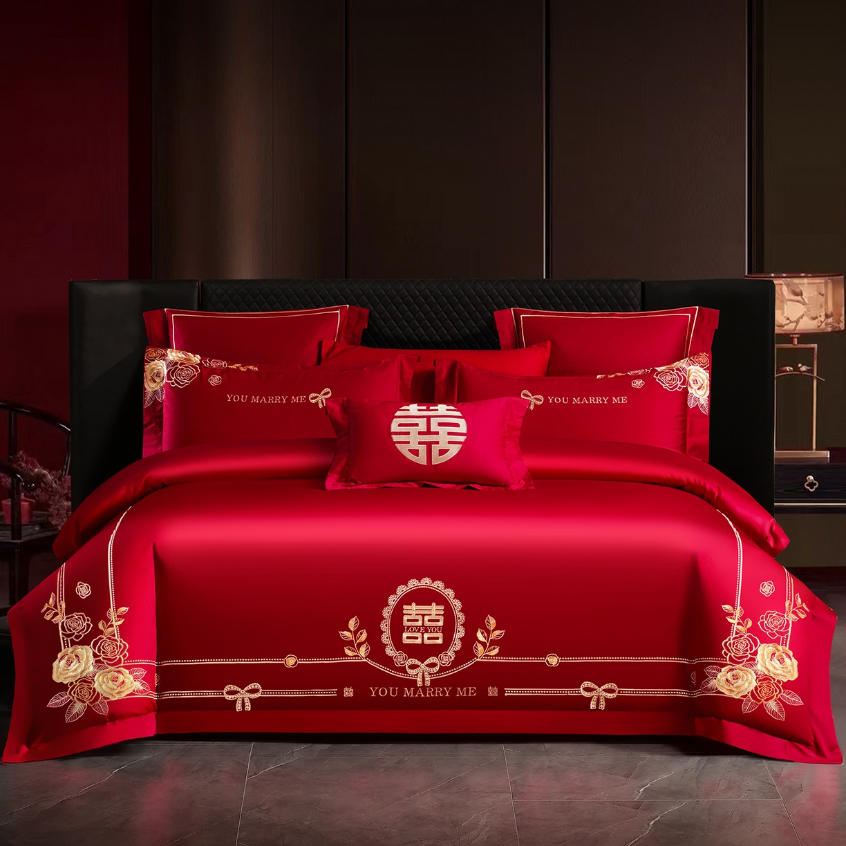 置顶家纺 2025新款新中式婚庆亲肤刺绣四件套 花开并蒂-大红