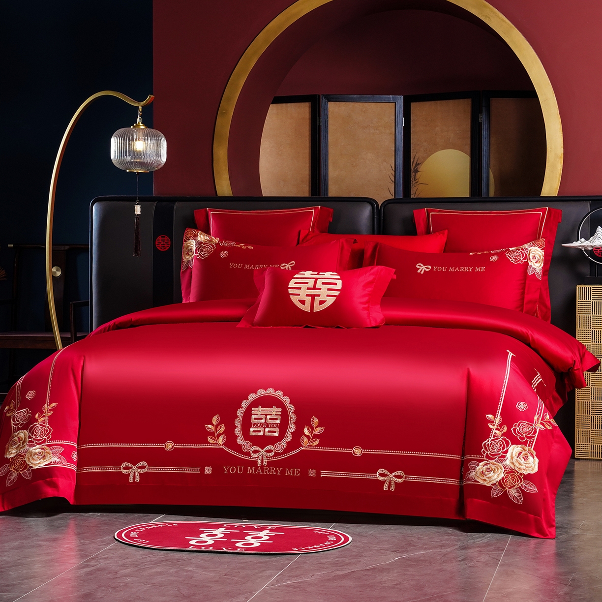 91家纺网 家纺一手货源 找家纺 置顶家纺 2025新款新中式婚庆亲肤刺绣四件套 花开并蒂-大红