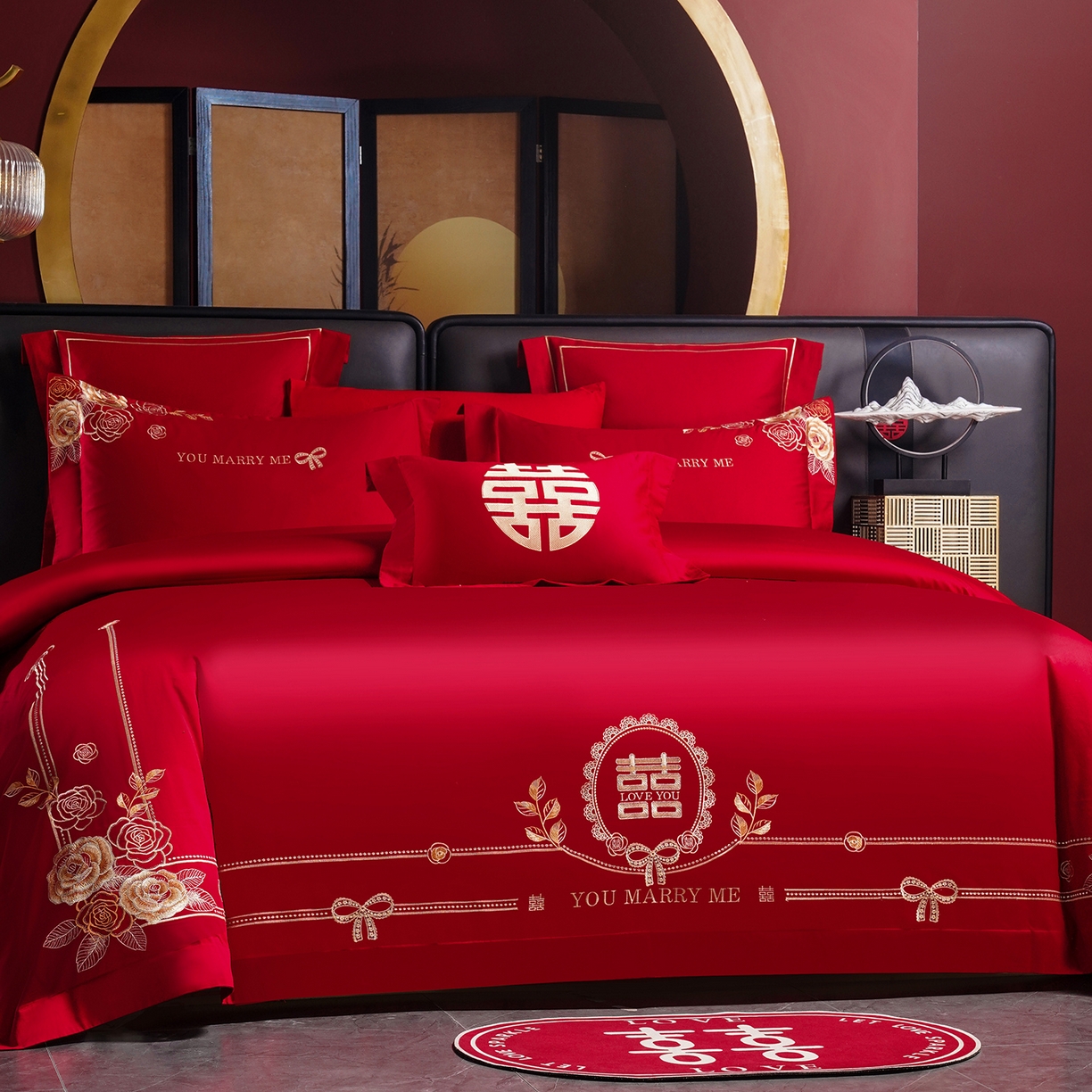 91家纺网 家纺一手货源 找家纺 置顶家纺 2025新款新中式婚庆亲肤刺绣四件套 花开并蒂-大红