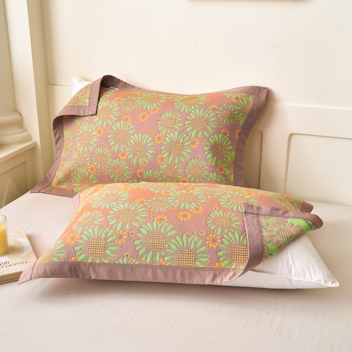 棠薇家纺 2025新款全棉枕巾夹棉枕巾枕头盖巾彩纱三层纱枕巾 葵园豆沙枕巾