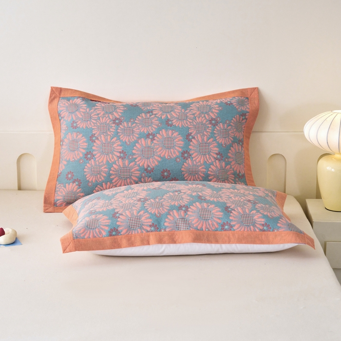 棠薇家纺 2025新款全棉枕巾夹棉枕巾枕头盖巾彩纱三层纱枕巾 葵园蓝粉枕巾