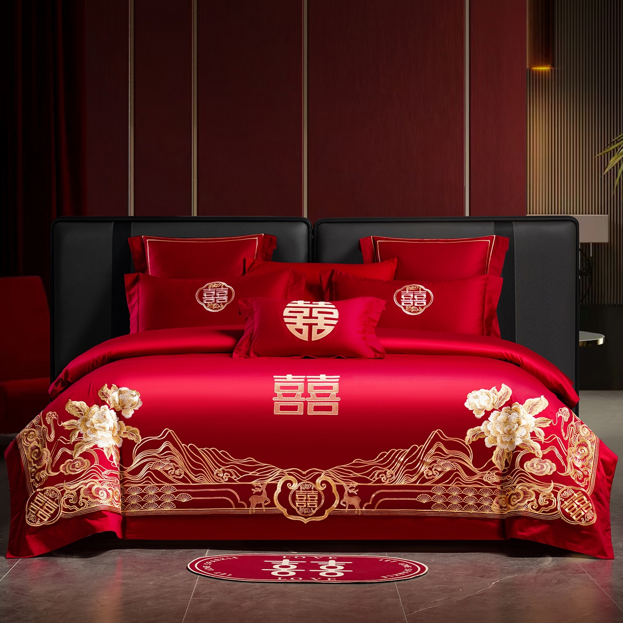 置顶家纺 2025新款新中式婚庆亲肤刺绣四件套 花开富贵-金大红