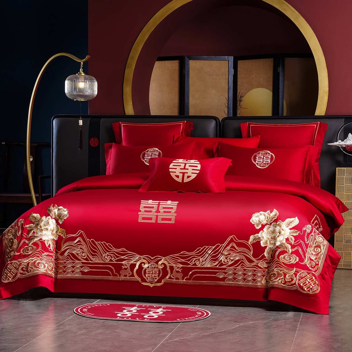 91家纺网 家纺一手货源 找家纺 置顶家纺 2025新款新中式婚庆亲肤刺绣四件套 花开富贵-金大红