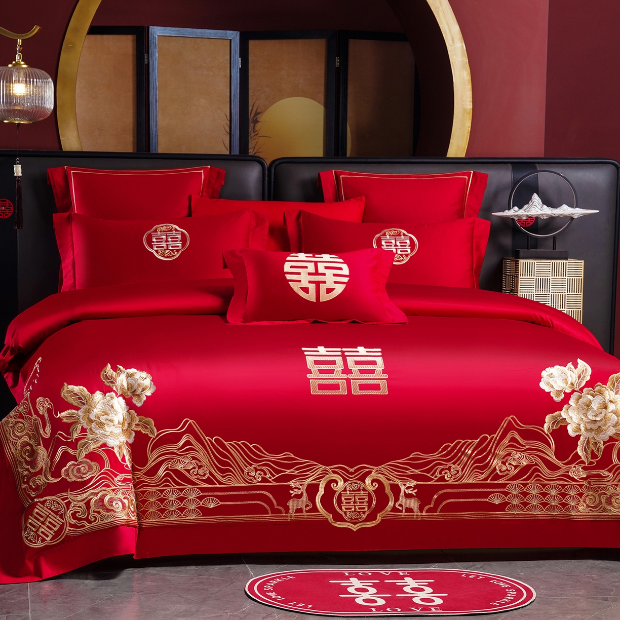 91家纺网 家纺一手货源 找家纺 置顶家纺 2025新款新中式婚庆亲肤刺绣四件套 花开富贵-金大红