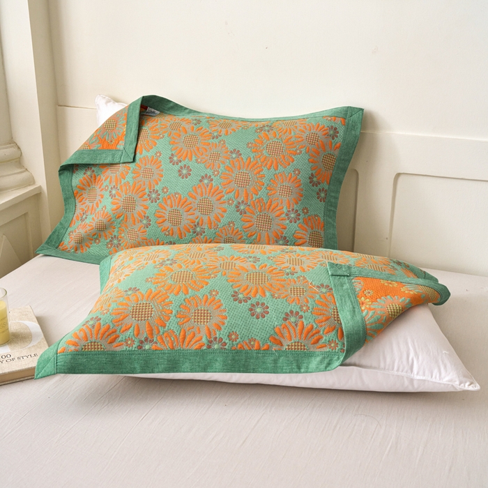 棠薇家纺 2025新款全棉枕巾夹棉枕巾枕头盖巾彩纱三层纱枕巾 葵园绿枕巾