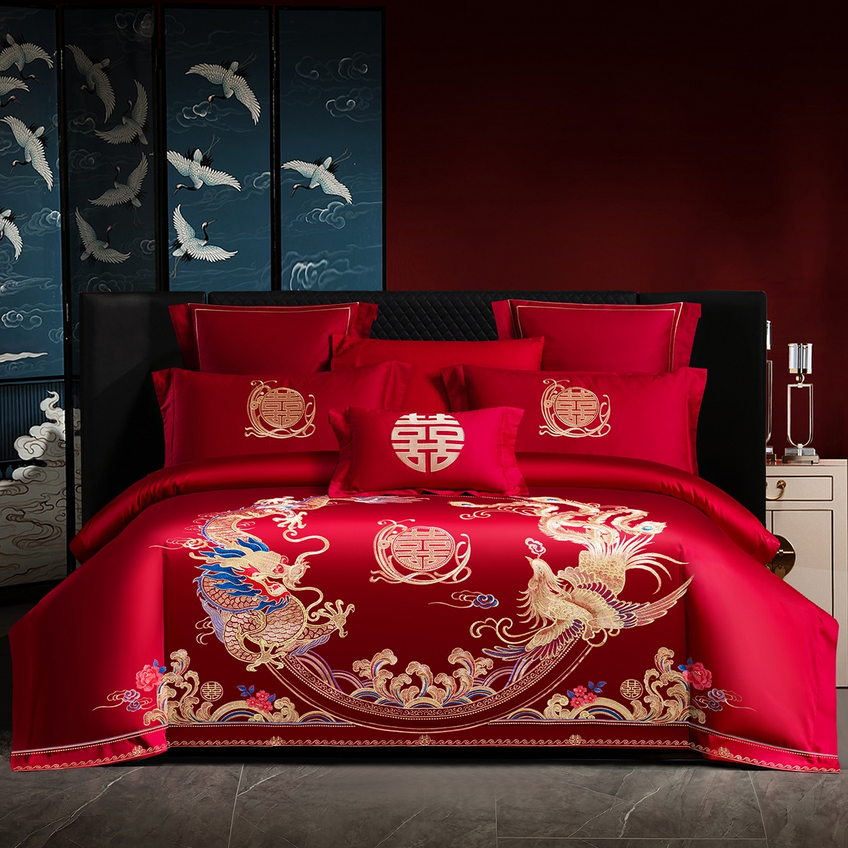 91家纺网 家纺一手货源 找家纺 置顶家纺 2025新款新中式婚庆亲肤刺绣四件套 吉祥龙凤-大红
