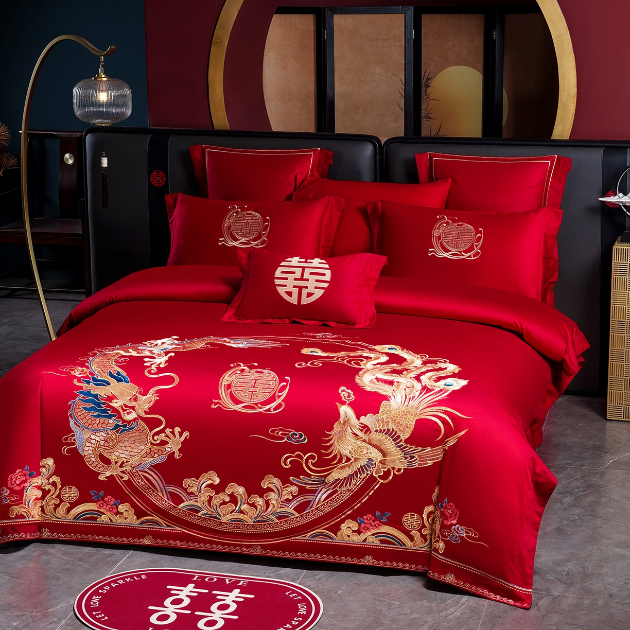 91家纺网 家纺一手货源 找家纺 置顶家纺 2025新款新中式婚庆亲肤刺绣四件套 吉祥龙凤-大红