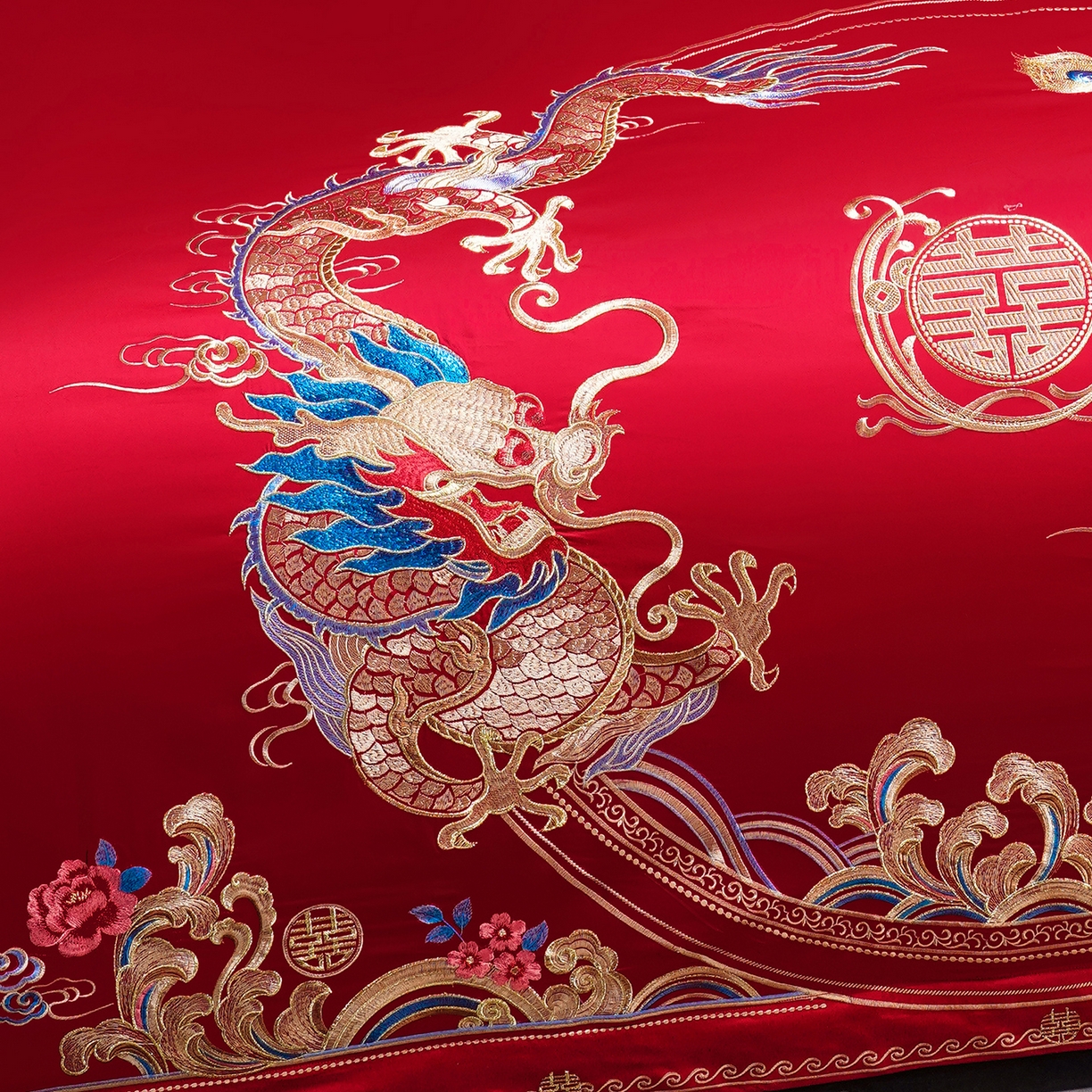 91家纺网 家纺一手货源 找家纺 置顶家纺 2025新款新中式婚庆亲肤刺绣四件套 吉祥龙凤-大红