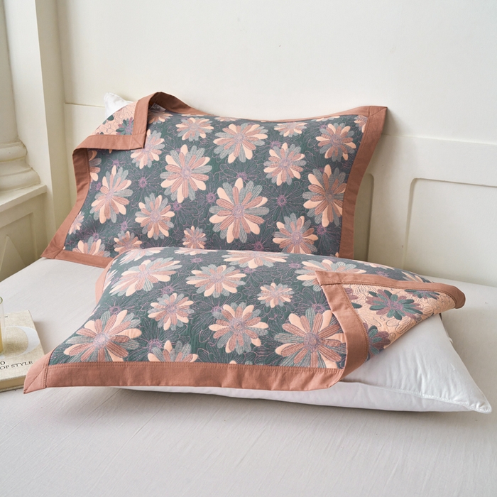 棠薇家纺 2025新款全棉枕巾夹棉枕巾枕头盖巾彩纱三层纱枕巾 陌上花开蓝枕巾