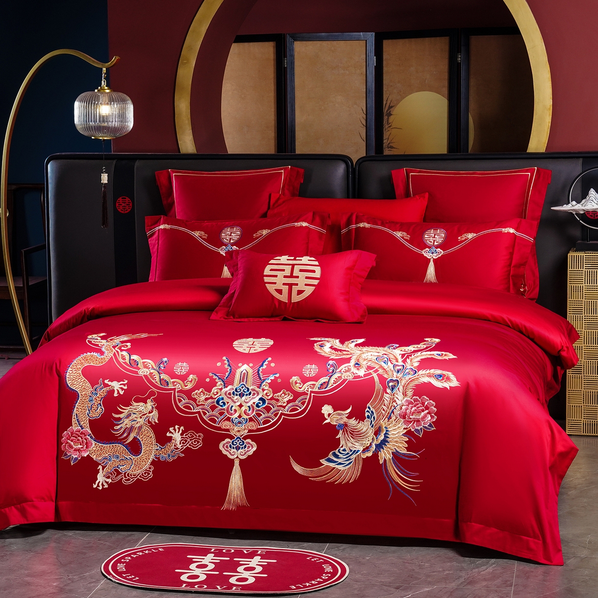 91家纺网 家纺一手货源 找家纺 置顶家纺 2025新款新中式婚庆亲肤刺绣四件套 锦绣龙凤-大红