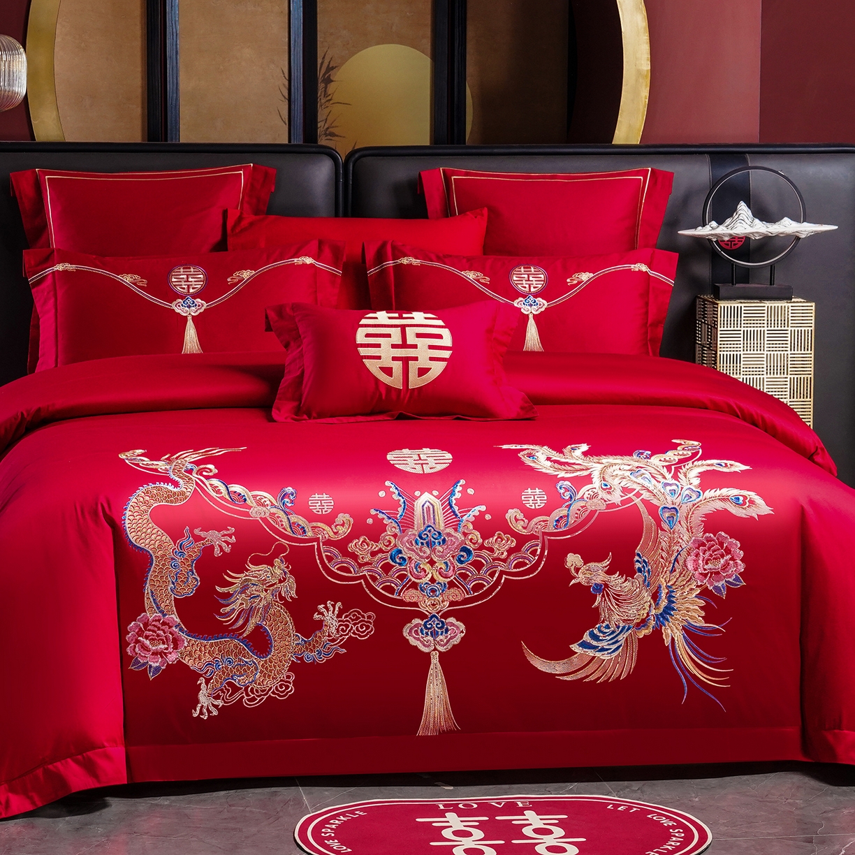 91家纺网 家纺一手货源 找家纺 置顶家纺 2025新款新中式婚庆亲肤刺绣四件套 锦绣龙凤-大红