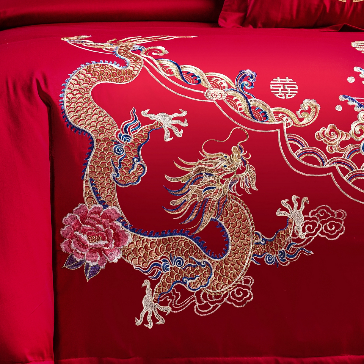 91家纺网 家纺一手货源 找家纺 置顶家纺 2025新款新中式婚庆亲肤刺绣四件套 锦绣龙凤-大红