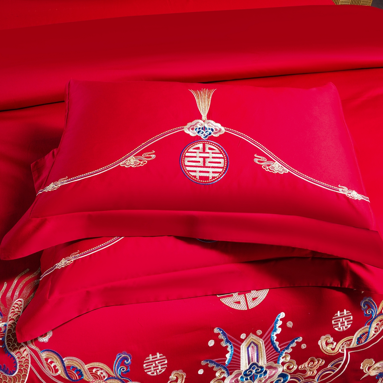 91家纺网 家纺一手货源 找家纺 置顶家纺 2025新款新中式婚庆亲肤刺绣四件套 锦绣龙凤-大红
