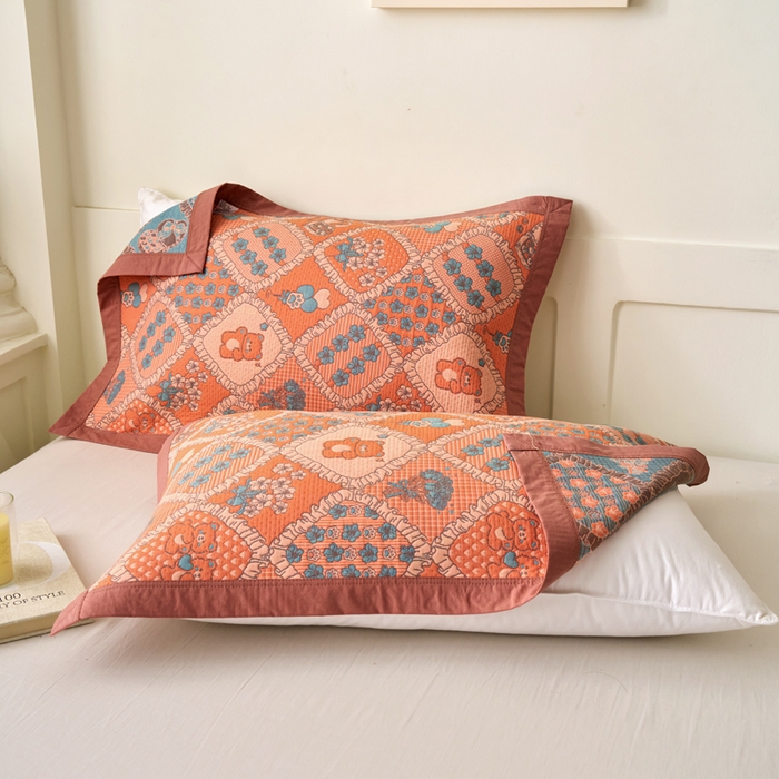 棠薇家纺 2025新款全棉枕巾夹棉枕巾枕头盖巾彩纱三层纱枕巾 熊宝贝粉枕巾