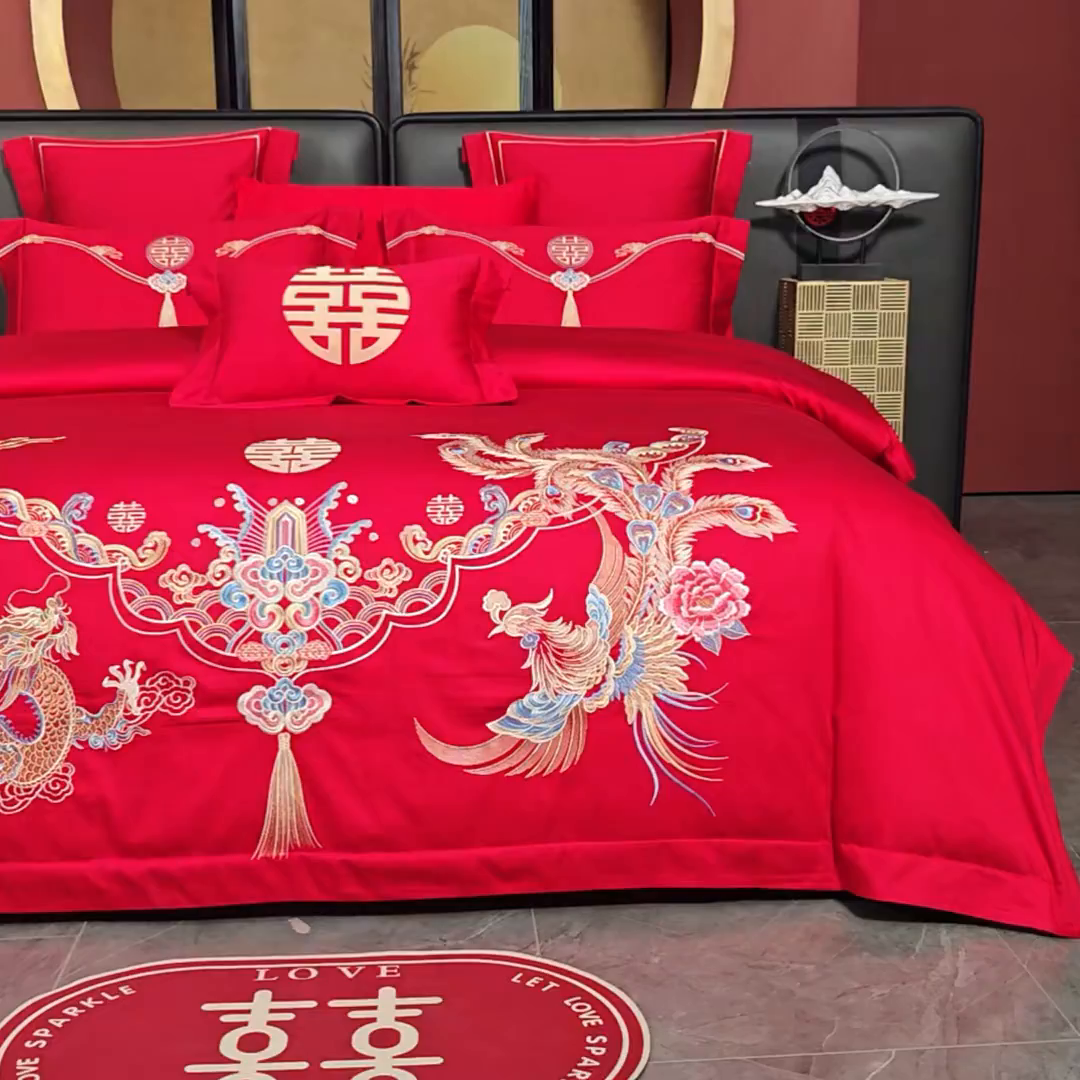 91家纺网 家纺一手货源 找家纺 置顶家纺 2025新款新中式婚庆亲肤刺绣四件套 锦绣龙凤-大红
