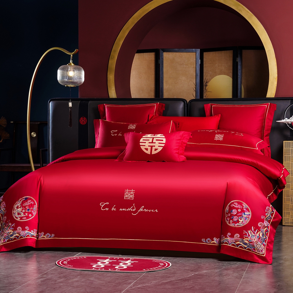 91家纺网 家纺一手货源 找家纺 置顶家纺 2025新款新中式婚庆亲肤刺绣四件套 龙凤呈祥-大红